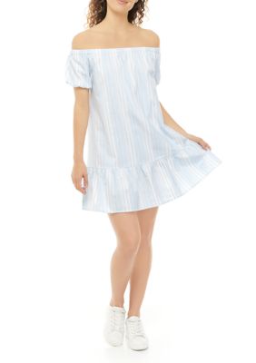 Juniors' Striped Off the Shoulder Poplin Dress