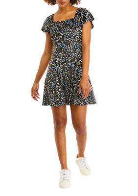 Juniors' Short Sleeve Velvet A-Line Dress