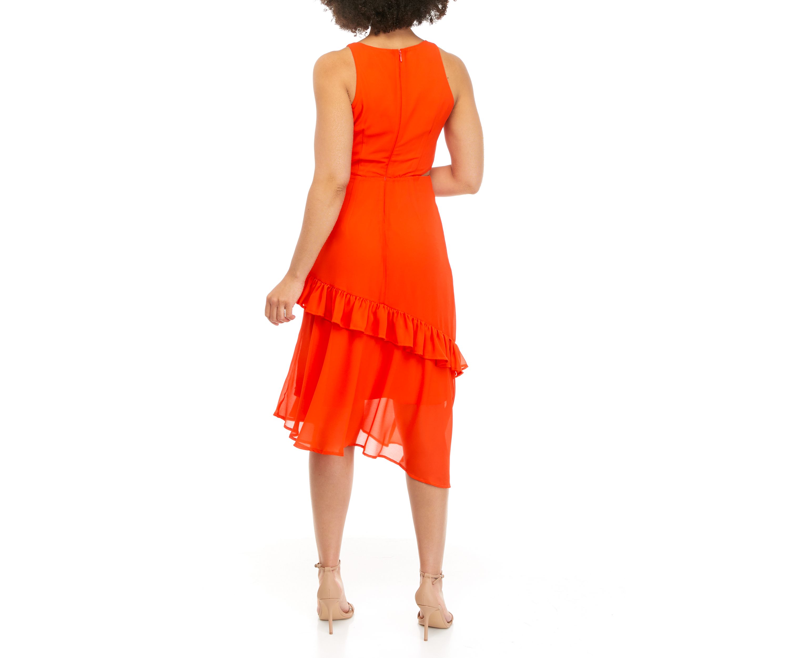 Womens Side Cutout Solid Asymmetric Hem Ruffle Dress