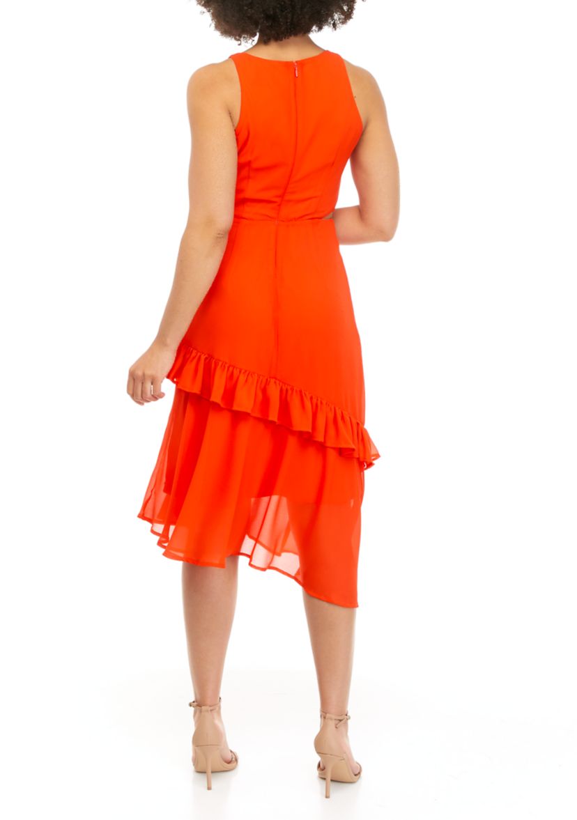 Womens Side Cutout Solid Asymmetric Hem Ruffle Dress