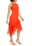 Womens Side Cutout Solid Asymmetric Hem Ruffle Dress