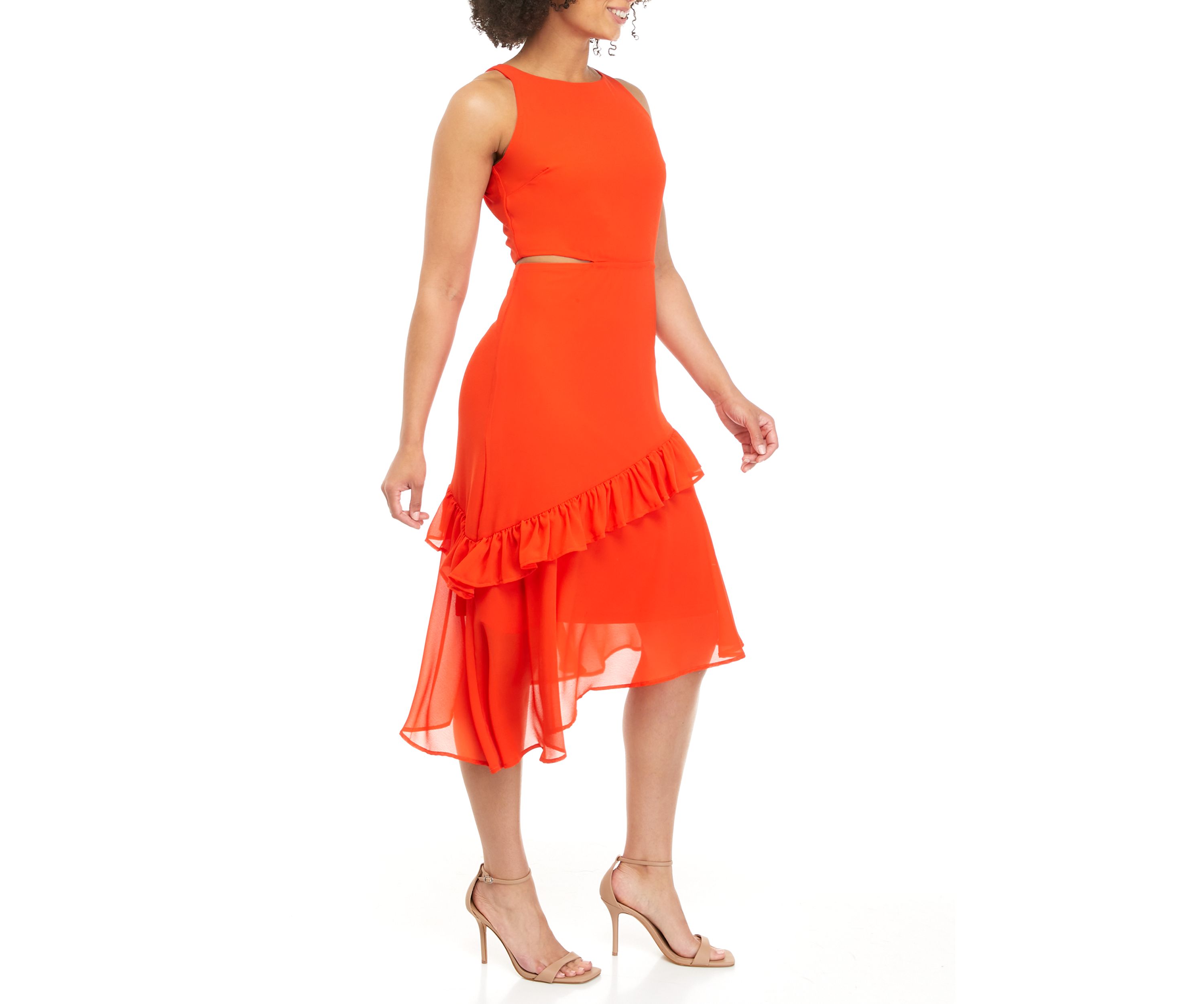 Womens Side Cutout Solid Asymmetric Hem Ruffle Dress