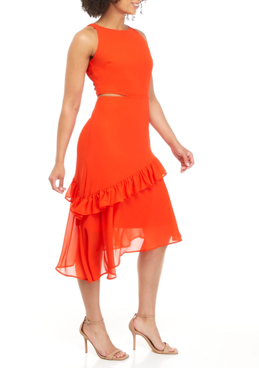 Womens Side Cutout Solid Asymmetric Hem Ruffle Dress