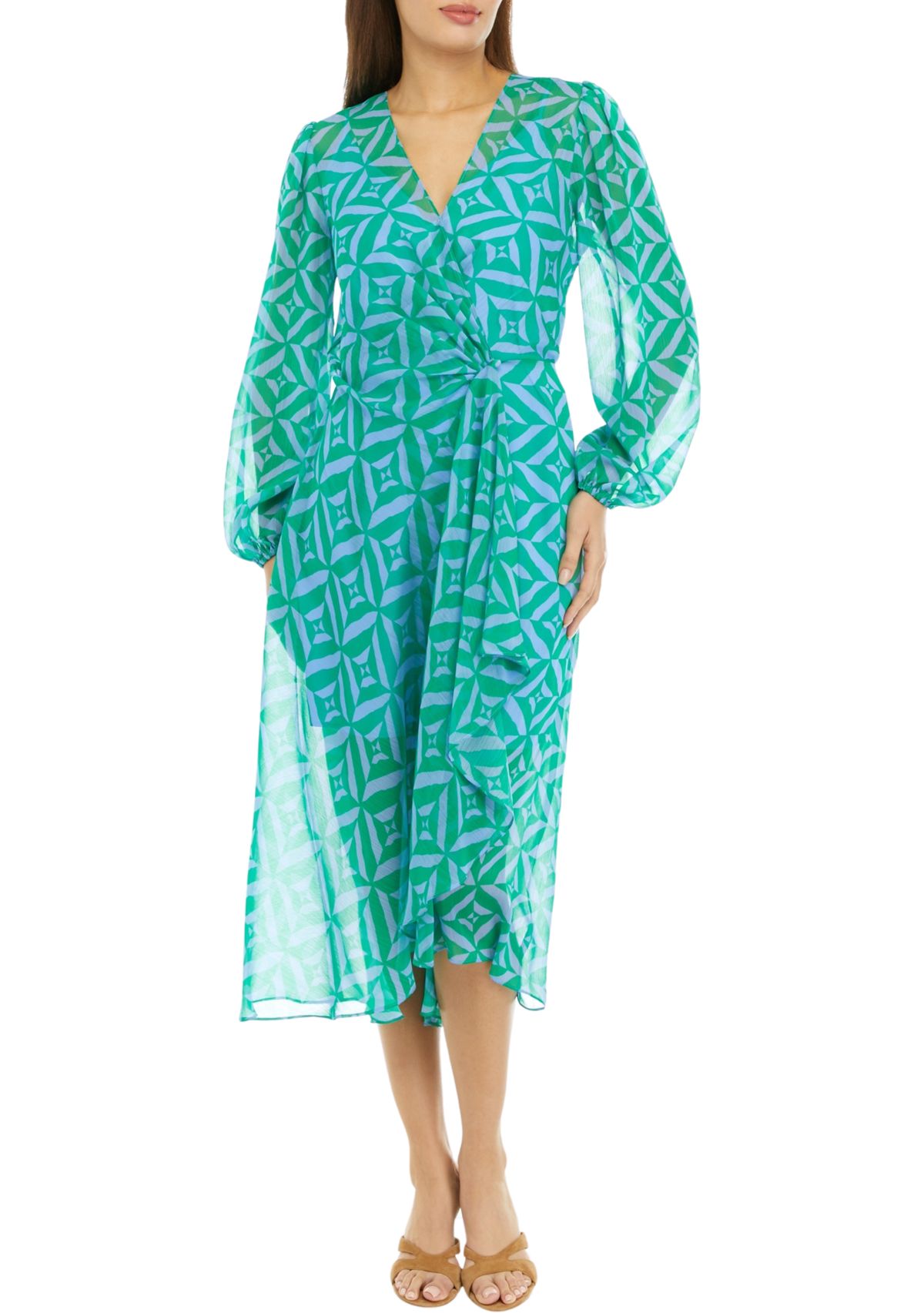 Womens Blouson Sleeve Printed Tie Waist Midi Dress