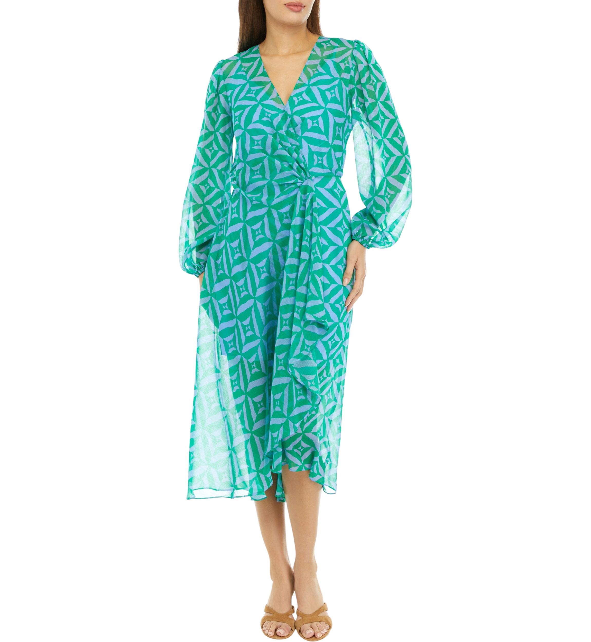 Womens Blouson Sleeve Printed Tie Waist Midi Dress