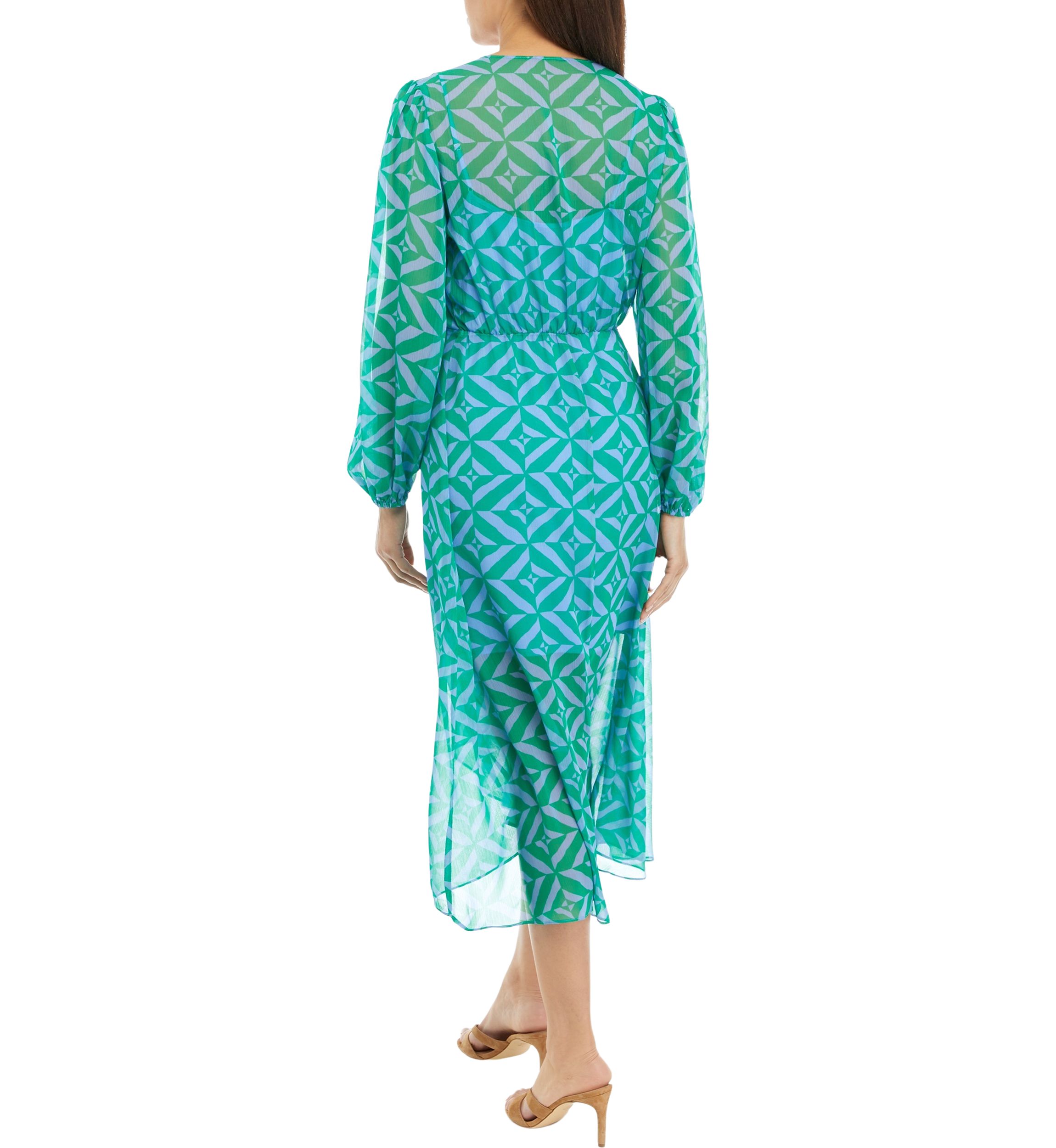 Womens Blouson Sleeve Printed Tie Waist Midi Dress