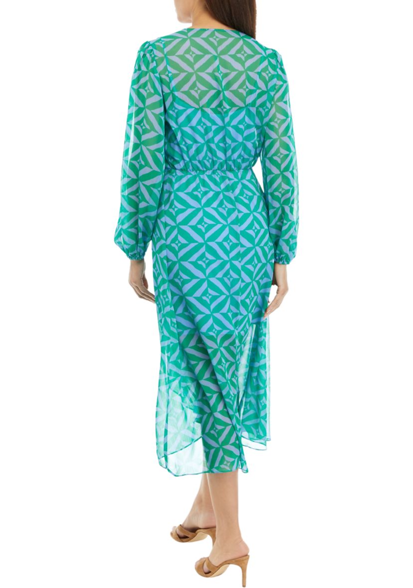 Womens Blouson Sleeve Printed Tie Waist Midi Dress
