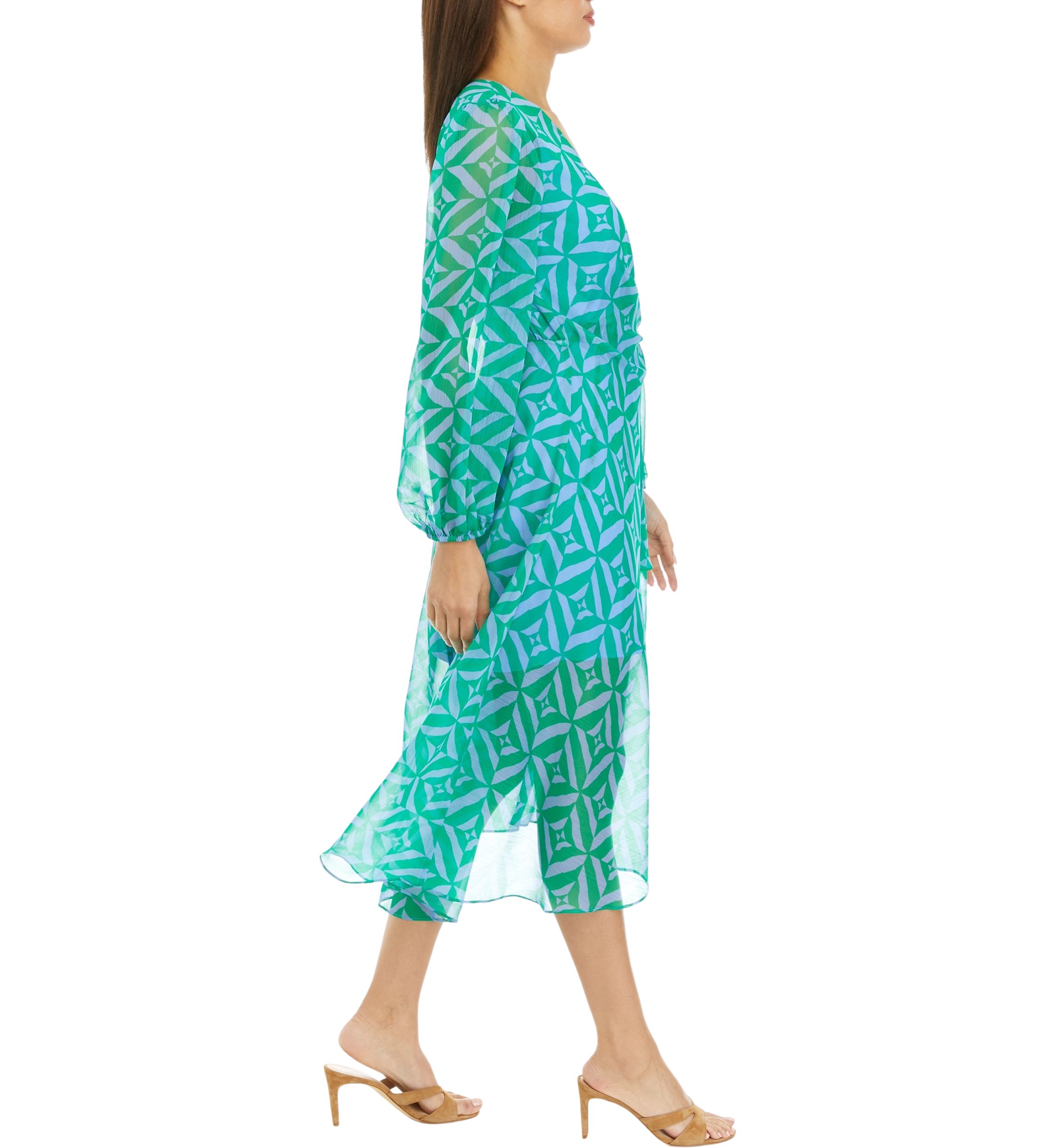 Womens Blouson Sleeve Printed Tie Waist Midi Dress