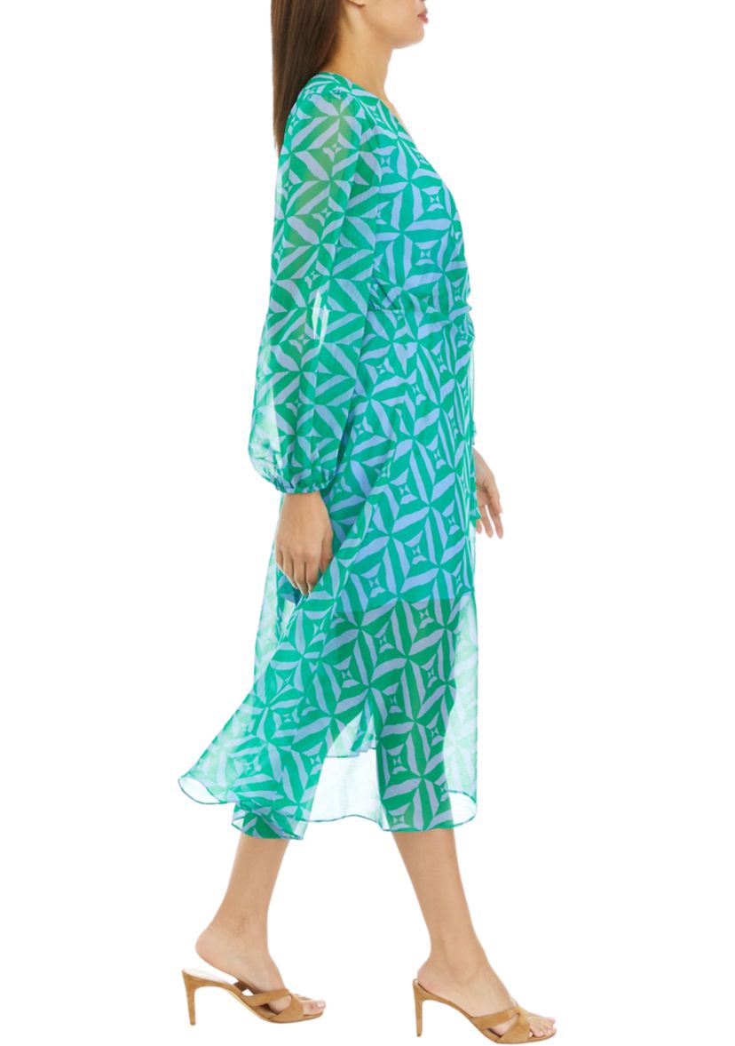 Womens Blouson Sleeve Printed Tie Waist Midi Dress
