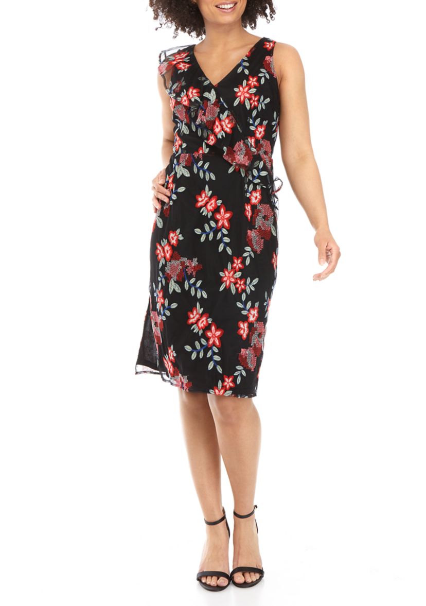 Womens Sleeveless Floral Print Embroidered Surplice Dress 