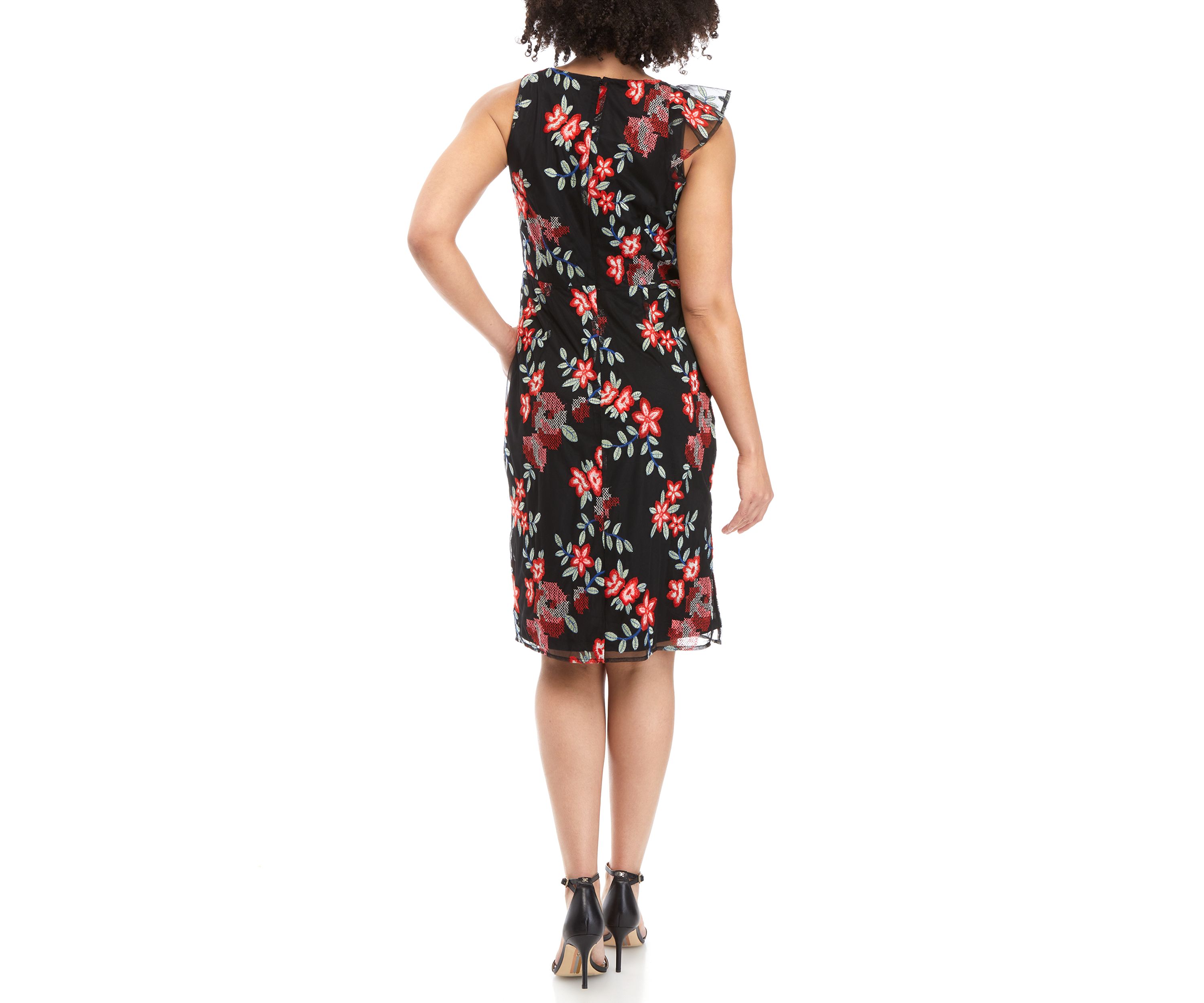 Womens Sleeveless Floral Print Embroidered Surplice Dress 