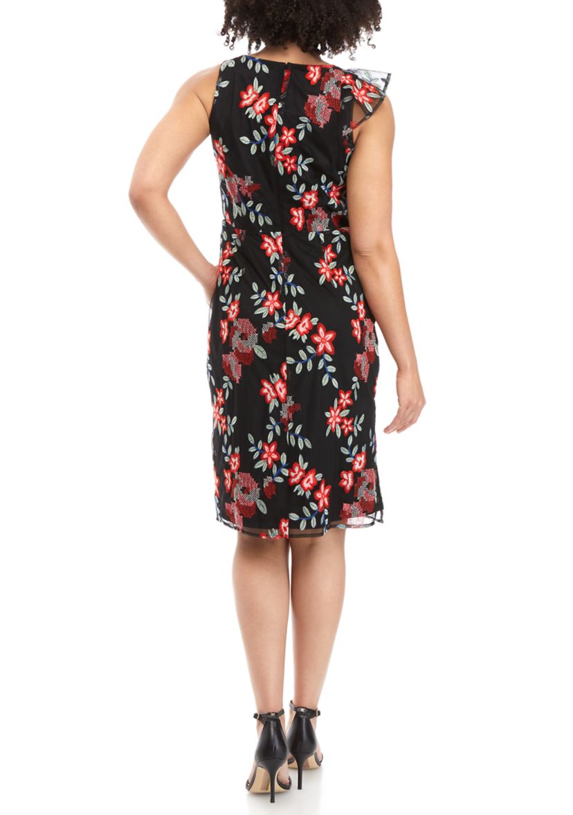 Womens Sleeveless Floral Print Embroidered Surplice Dress 