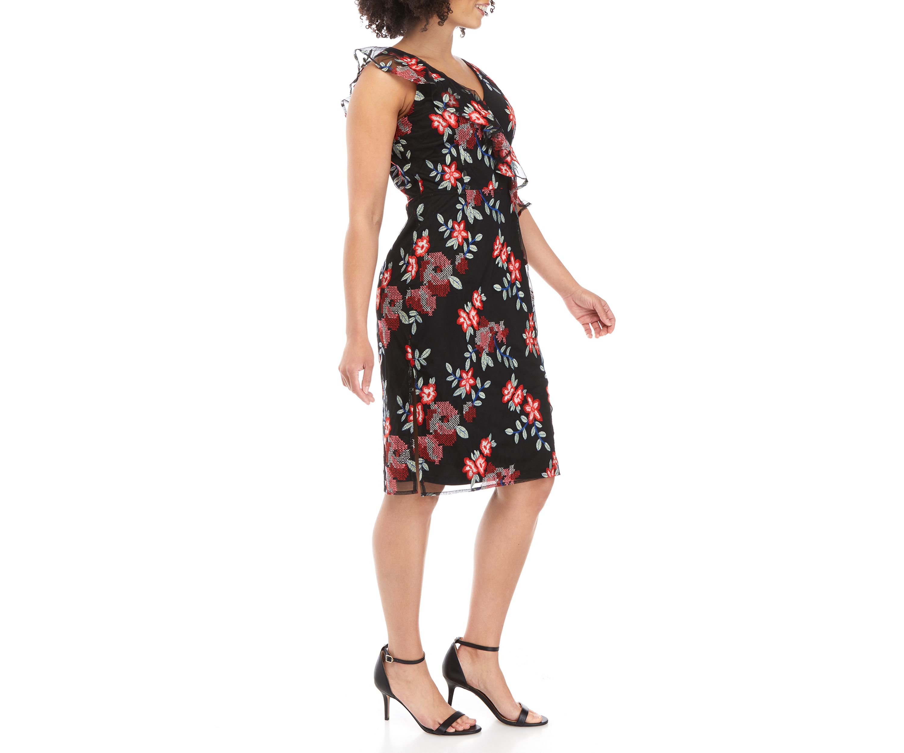 Womens Sleeveless Floral Print Embroidered Surplice Dress 