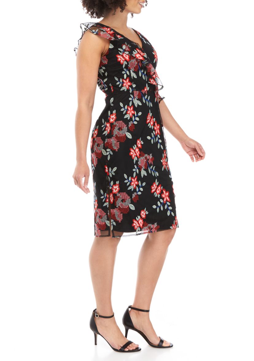 Womens Sleeveless Floral Print Embroidered Surplice Dress 