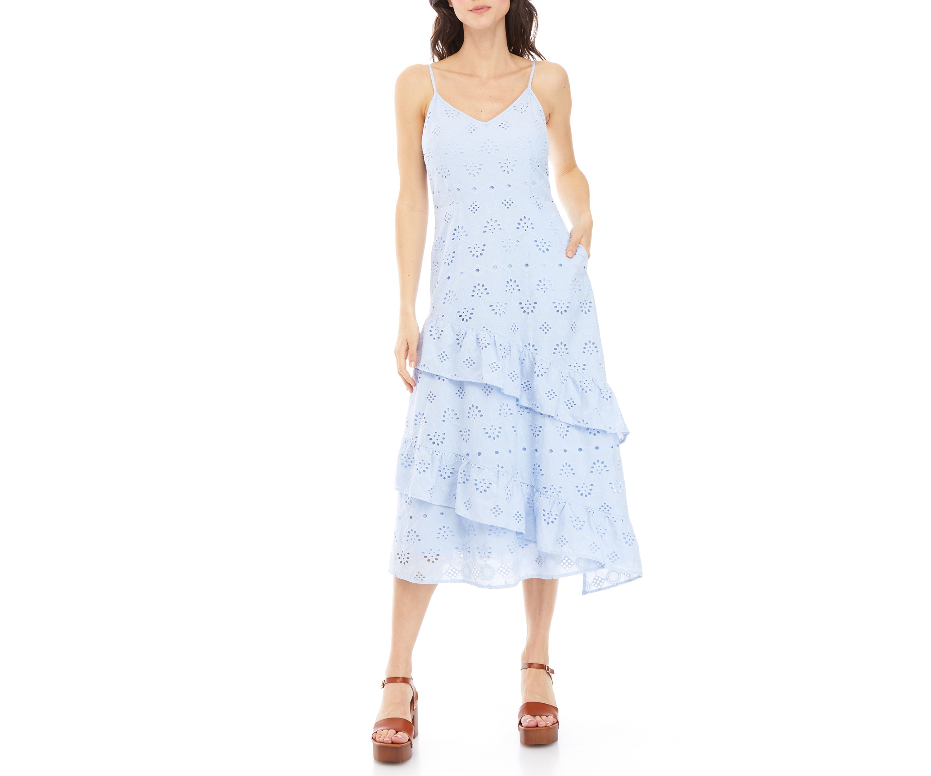 Womens Strappy Eyelet Floral Tiered Dress