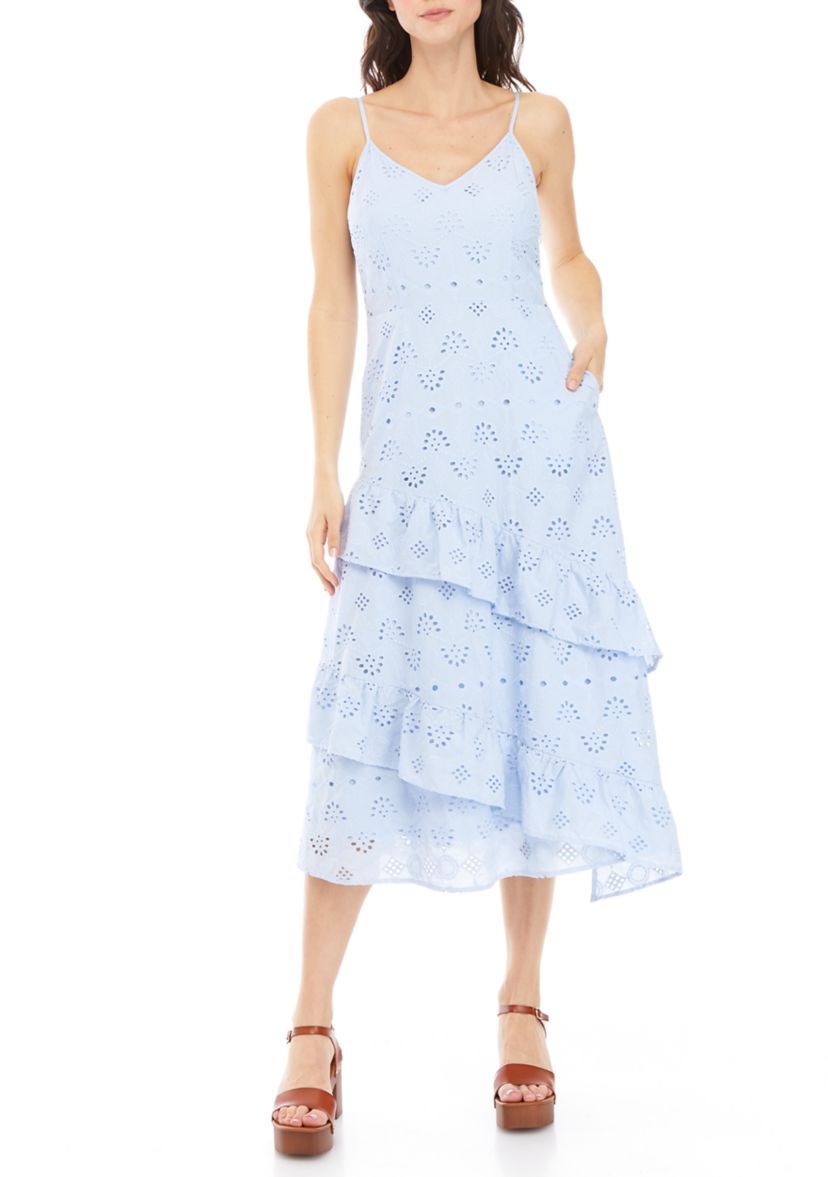 Womens Strappy Eyelet Floral Tiered Dress