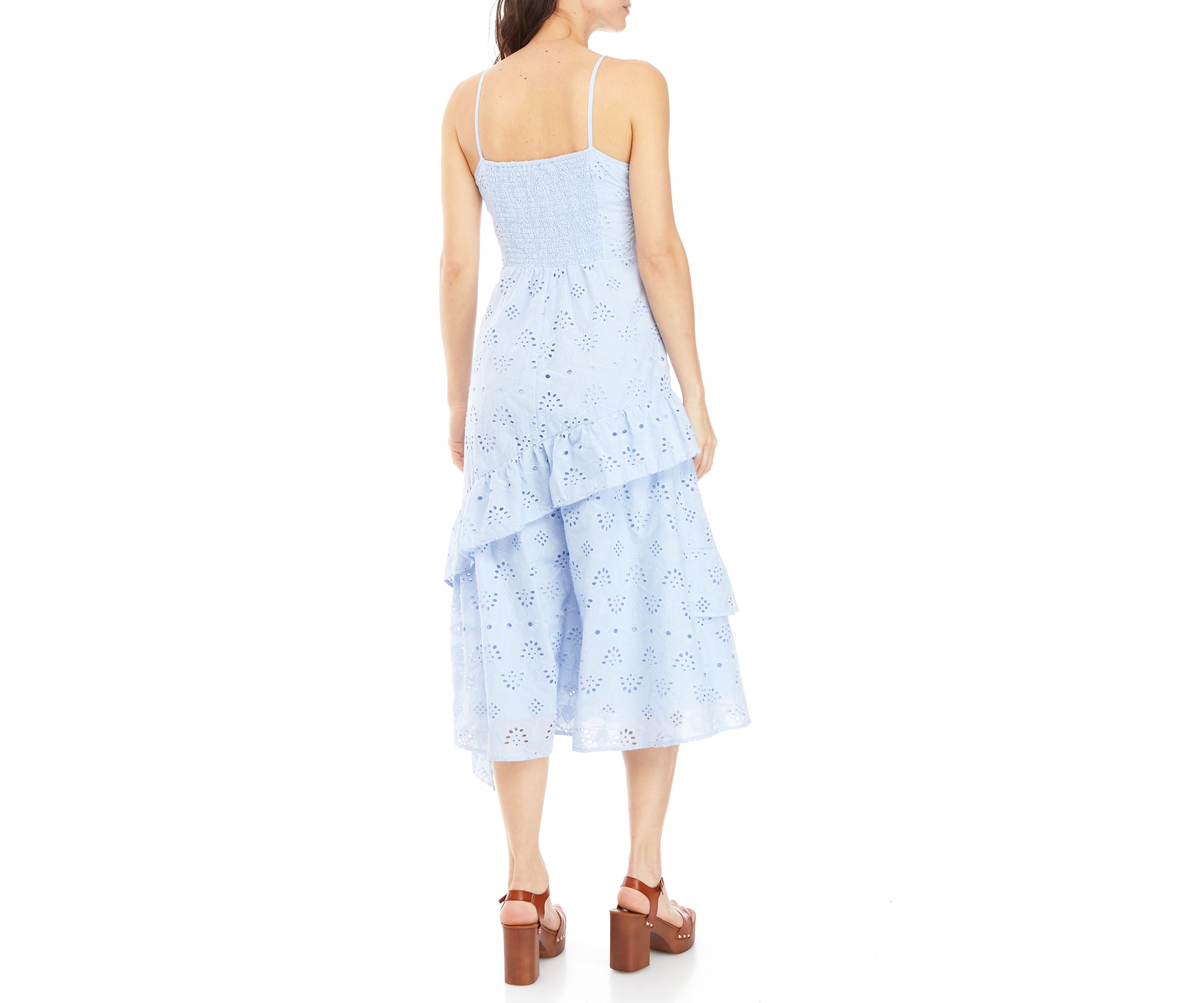 Womens Strappy Eyelet Floral Tiered Dress
