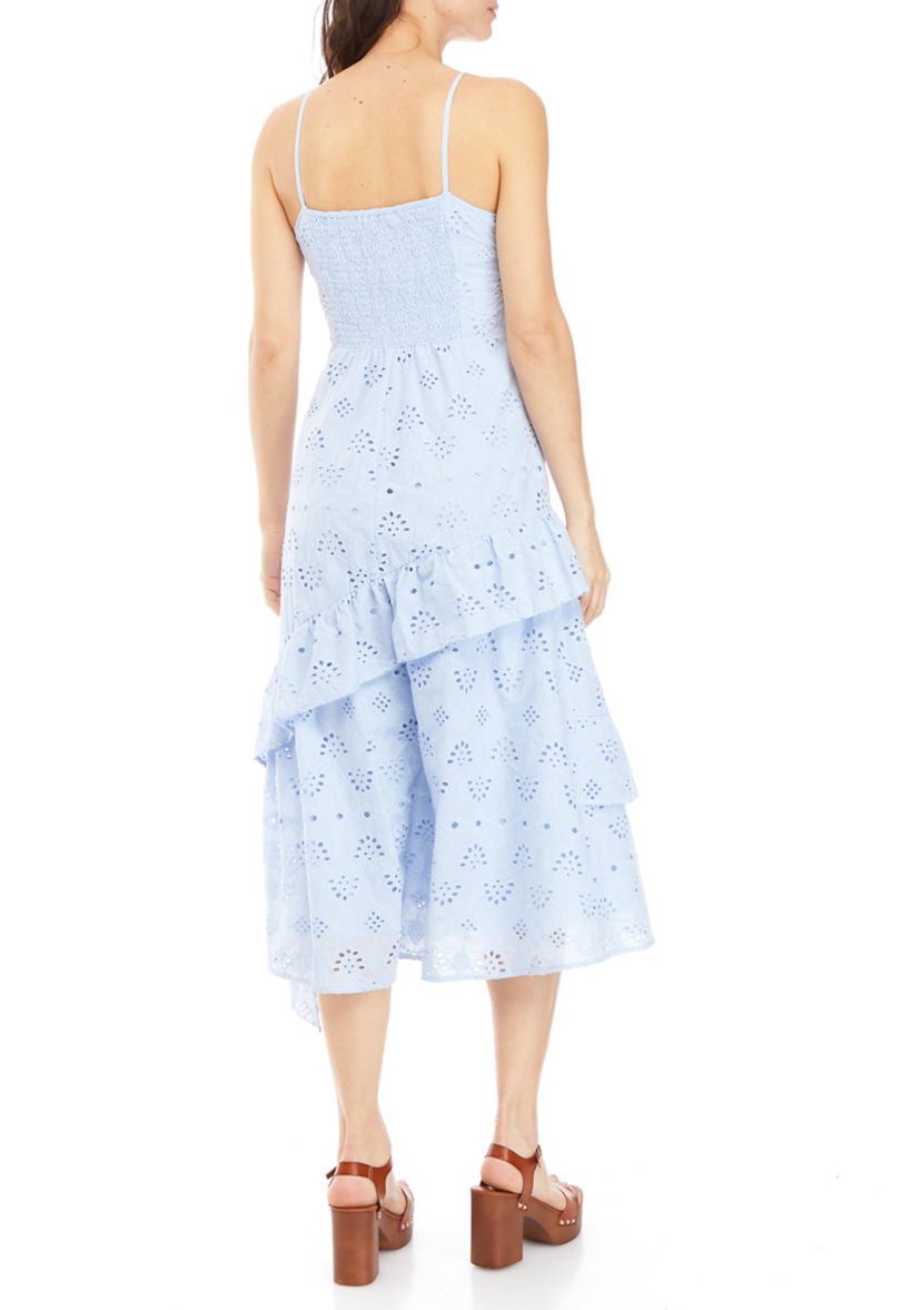 Womens Strappy Eyelet Floral Tiered Dress