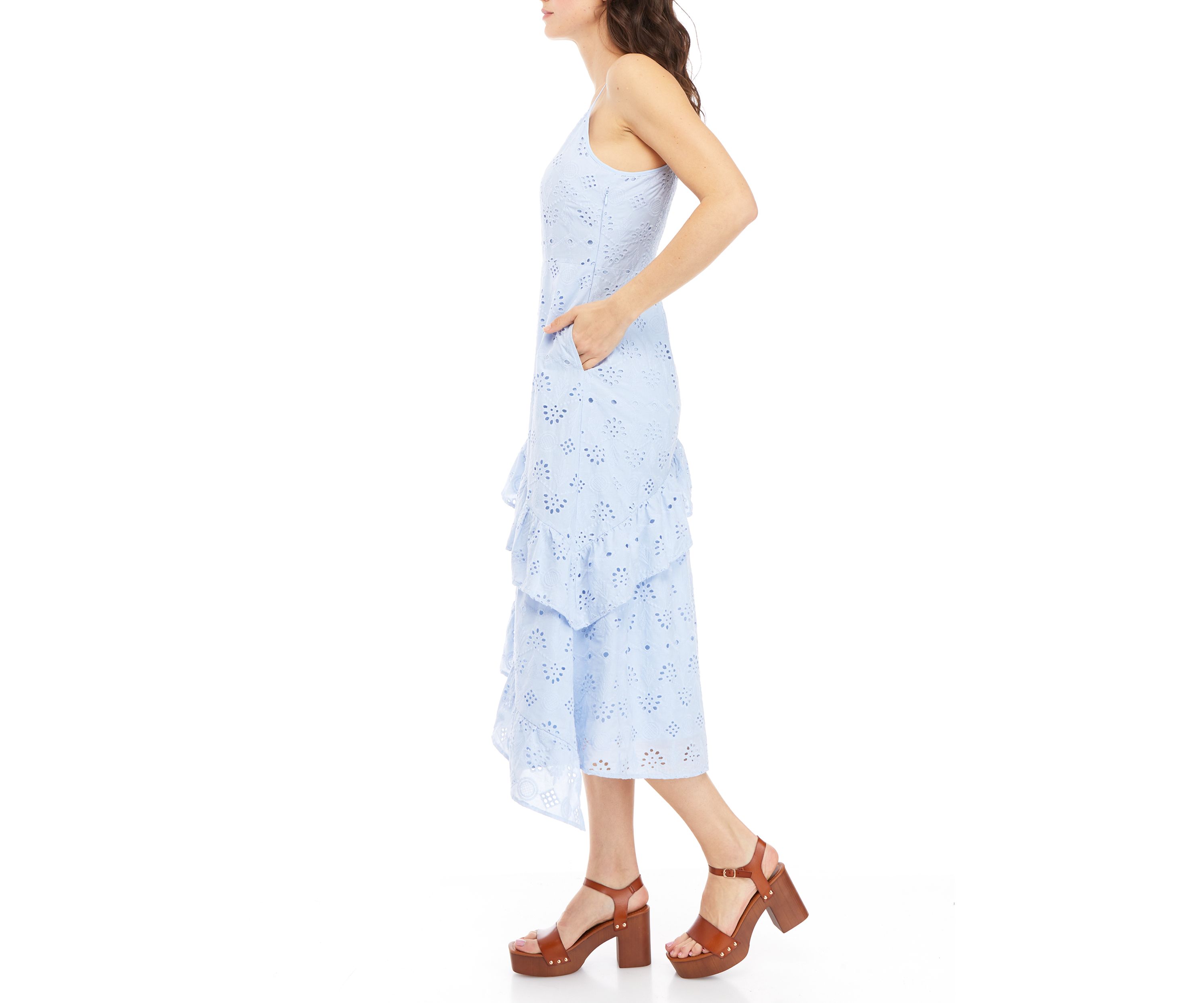 Womens Strappy Eyelet Floral Tiered Dress