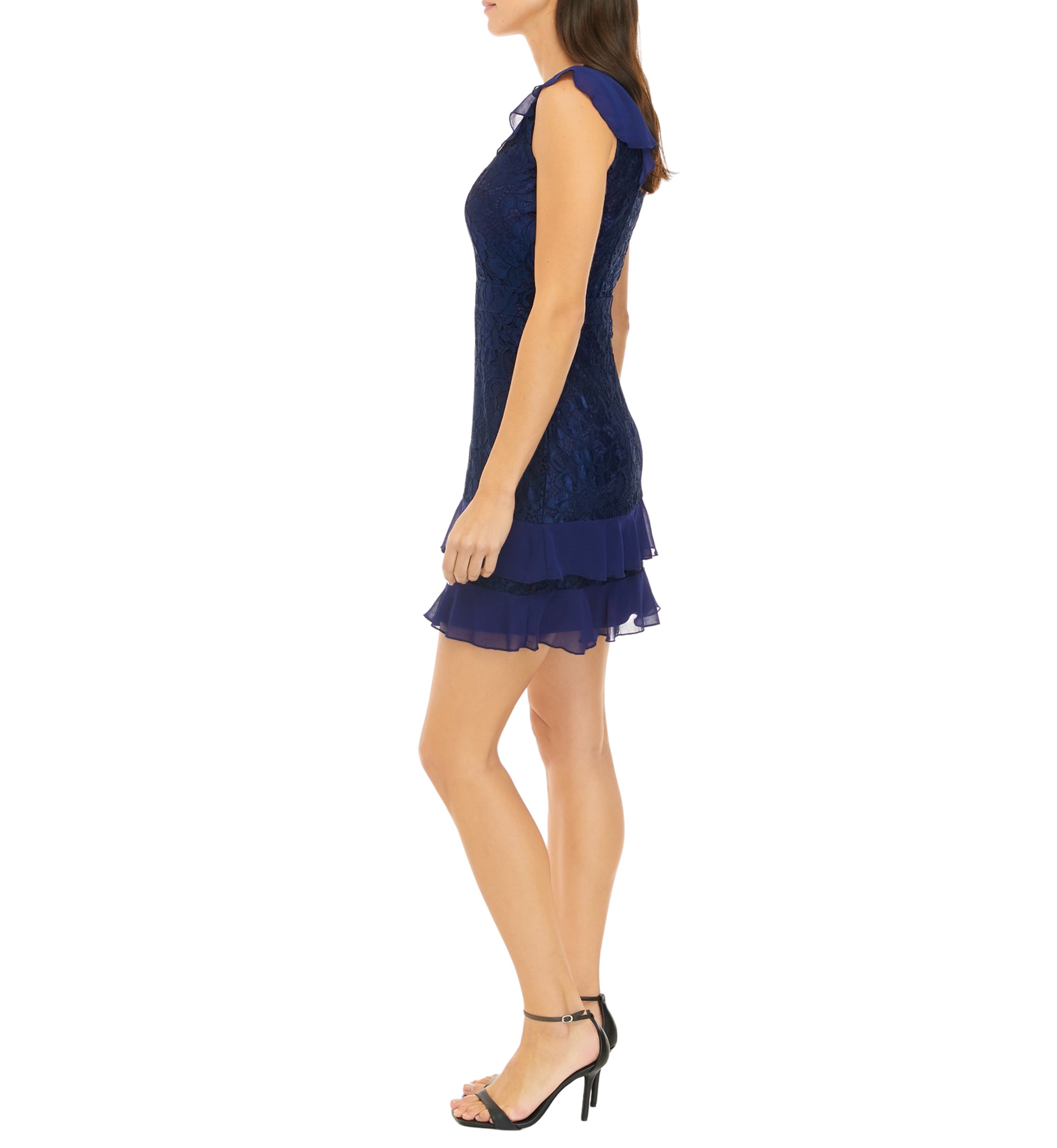 Womens Short Flutter Sleeve Solid Lace Ruffle Dress