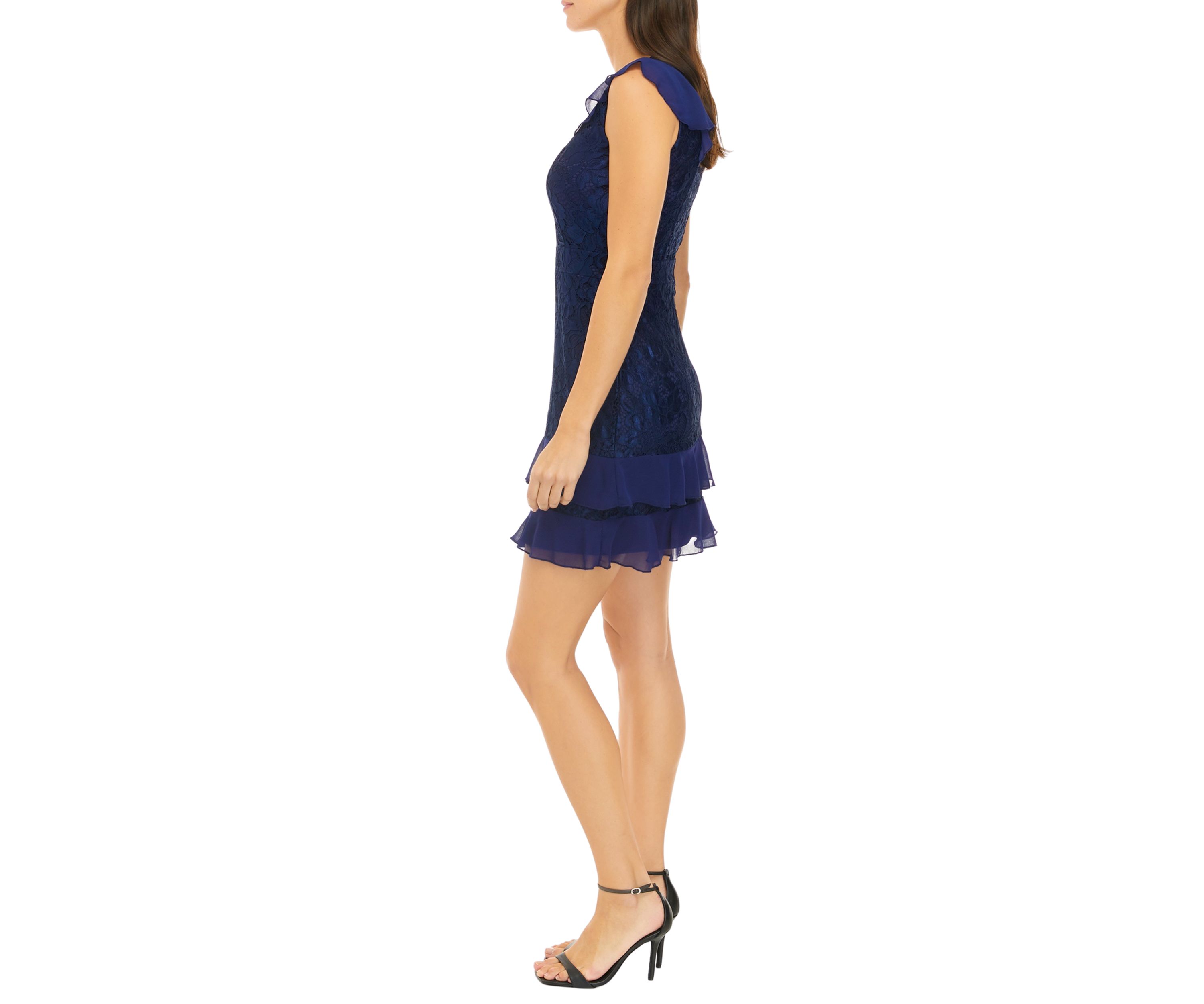 Womens Short Flutter Sleeve Solid Lace Ruffle Dress