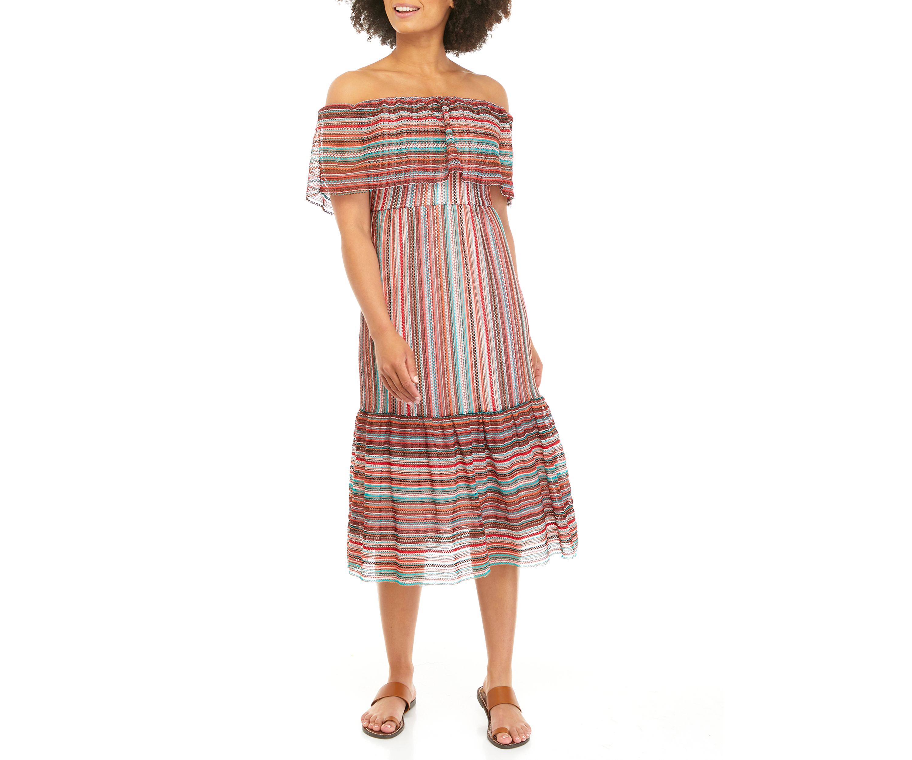 Womens Off Shoulder Stripe Hem Midi Dress