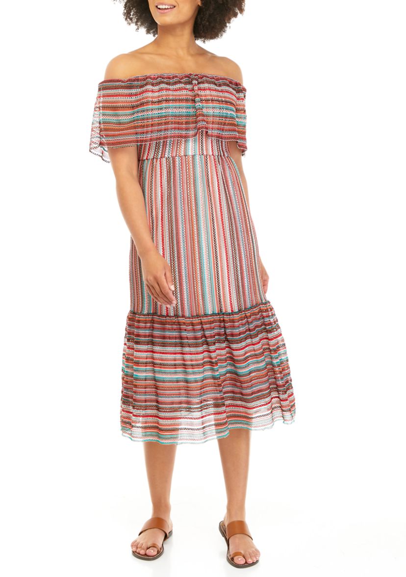 Womens Off Shoulder Stripe Hem Midi Dress
