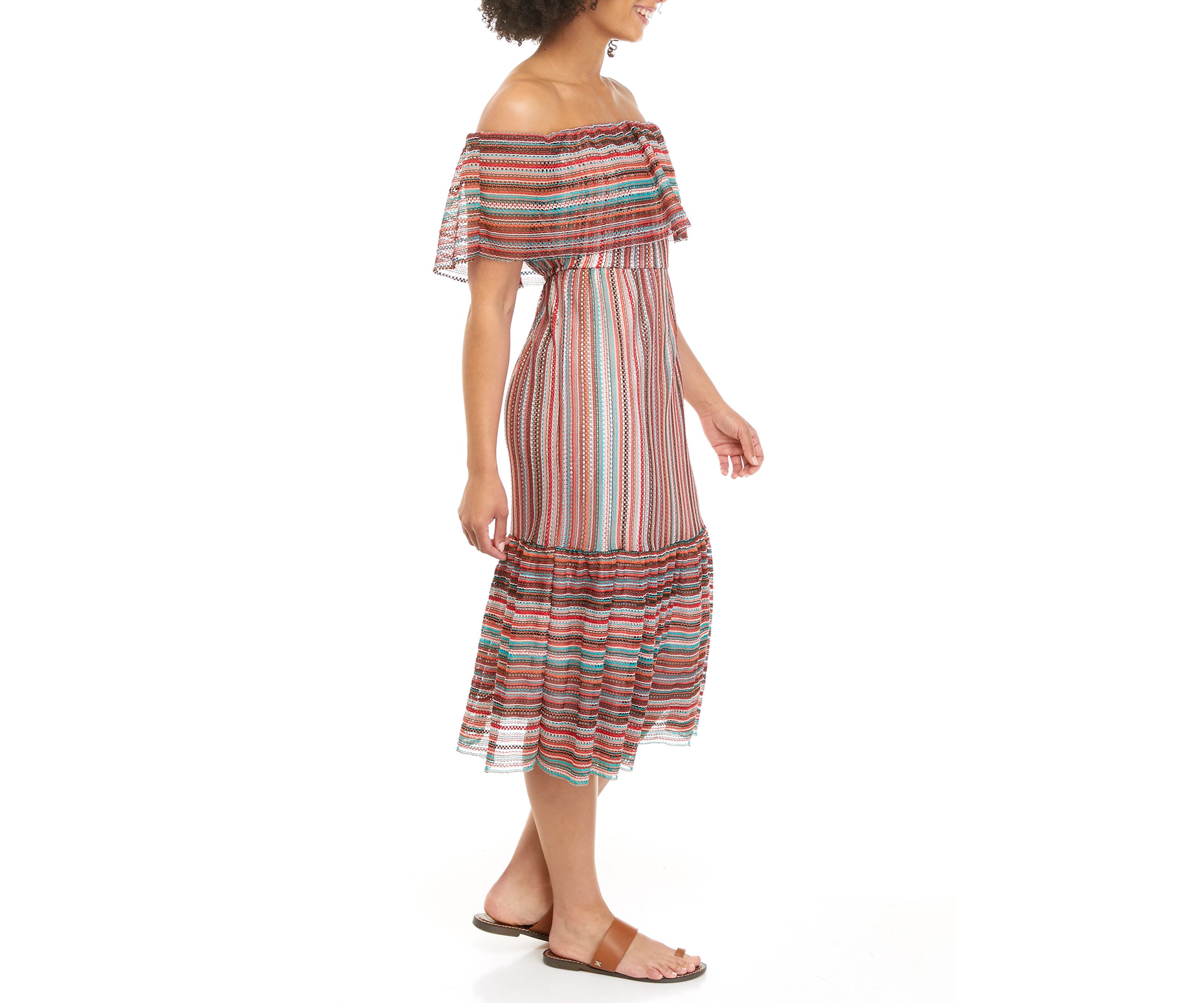 Womens Off Shoulder Stripe Hem Midi Dress