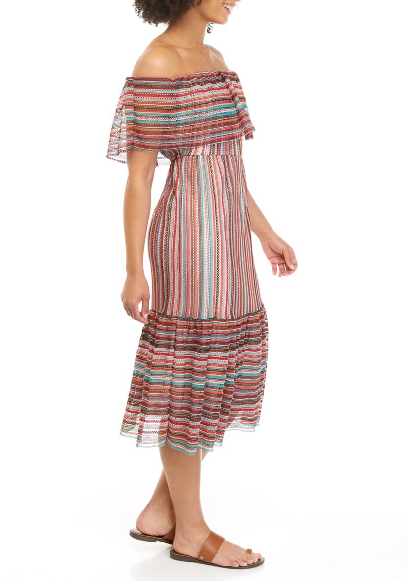 Womens Off Shoulder Stripe Hem Midi Dress