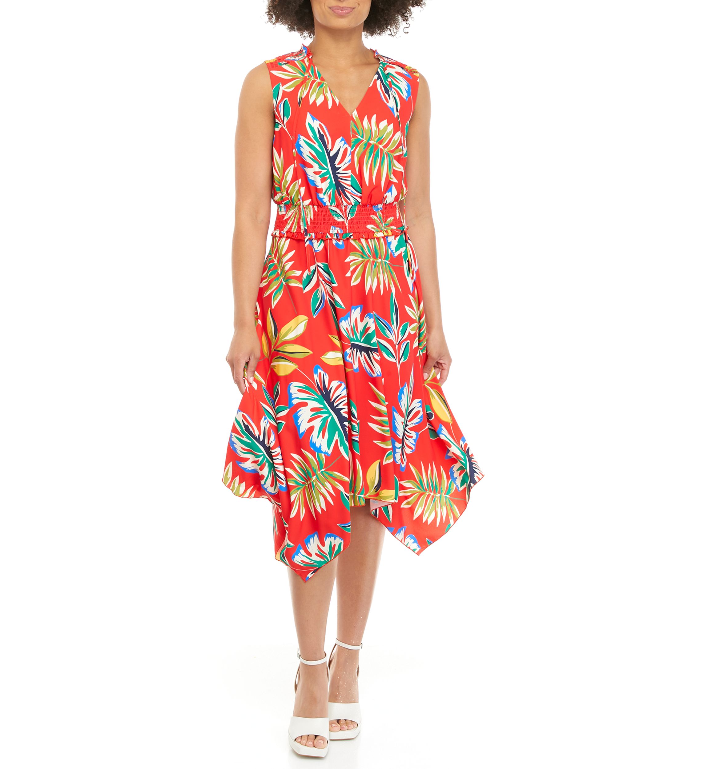 Womens Jungle Palm Print Handkerchief Hem Midi Dress