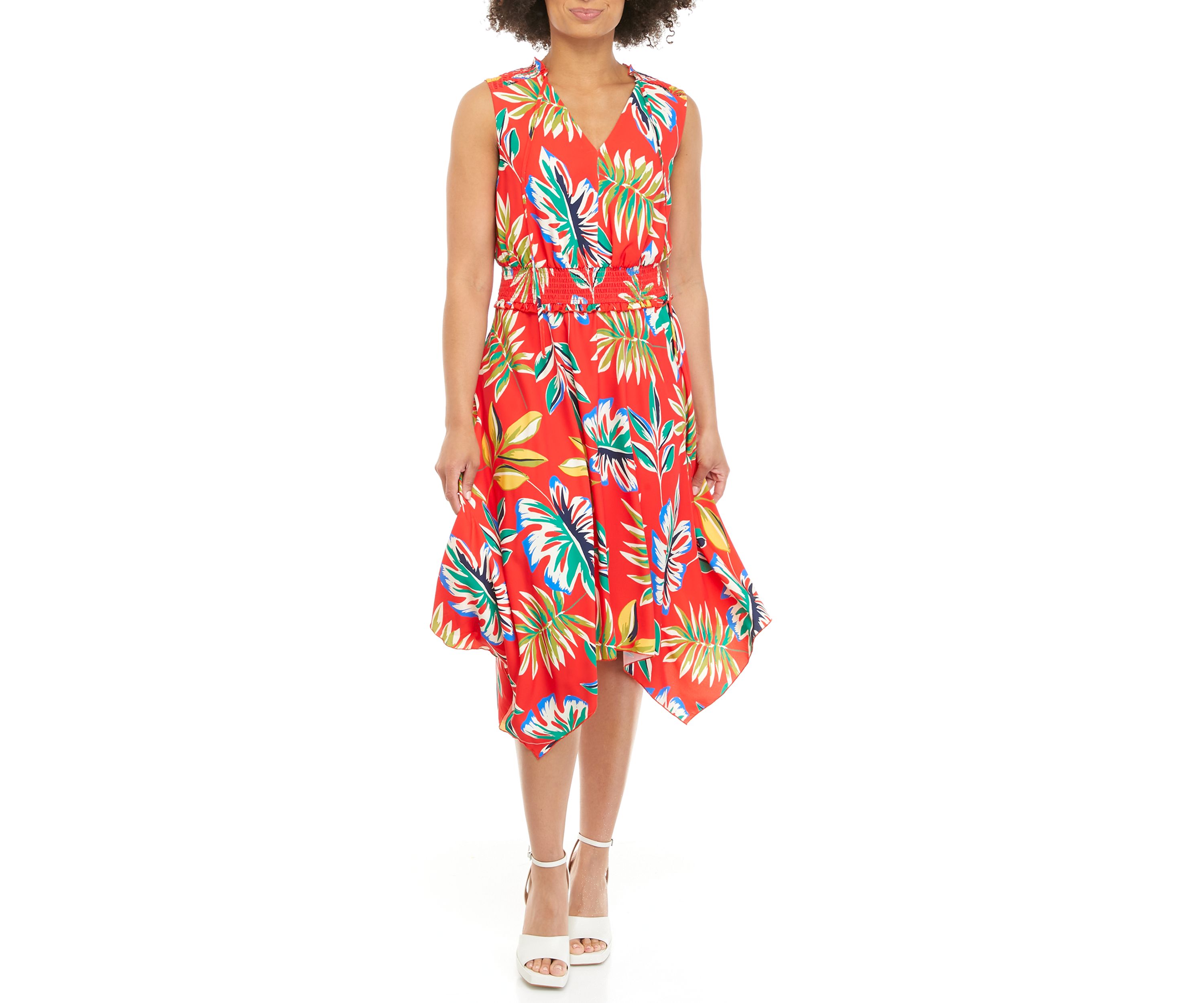 Womens Jungle Palm Print Handkerchief Hem Midi Dress