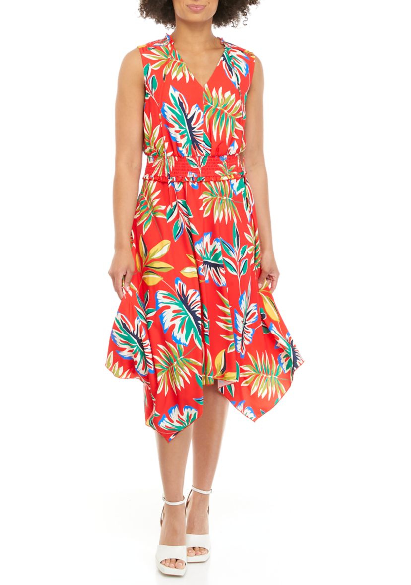 Womens Jungle Palm Print Handkerchief Hem Midi Dress