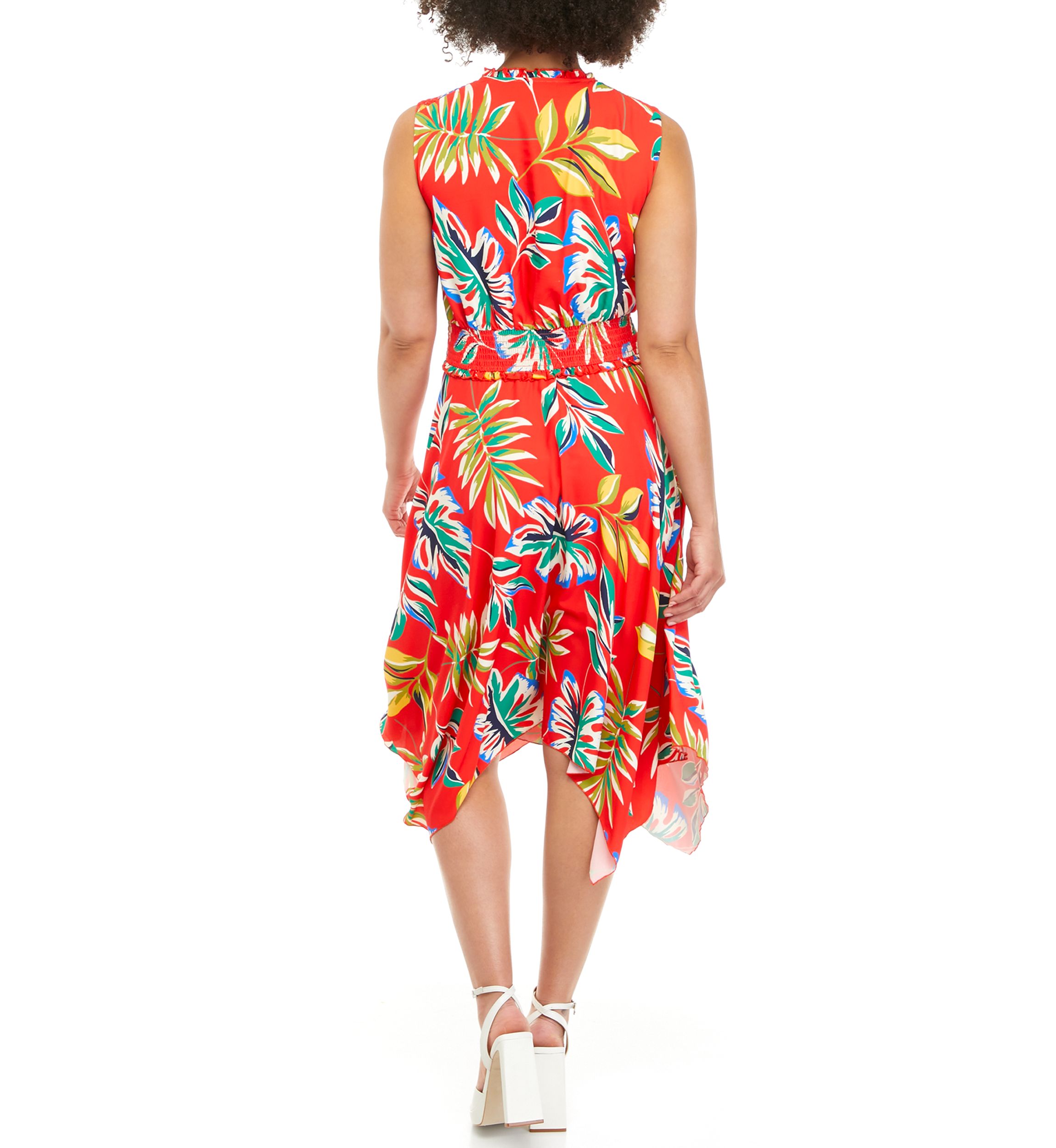 Womens Jungle Palm Print Handkerchief Hem Midi Dress