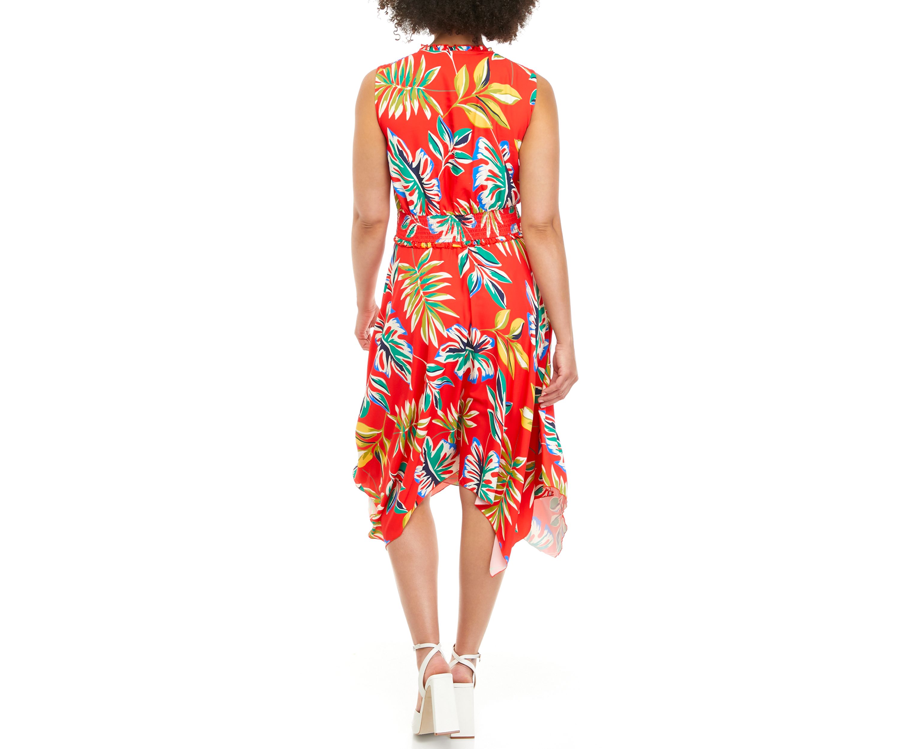 Womens Jungle Palm Print Handkerchief Hem Midi Dress