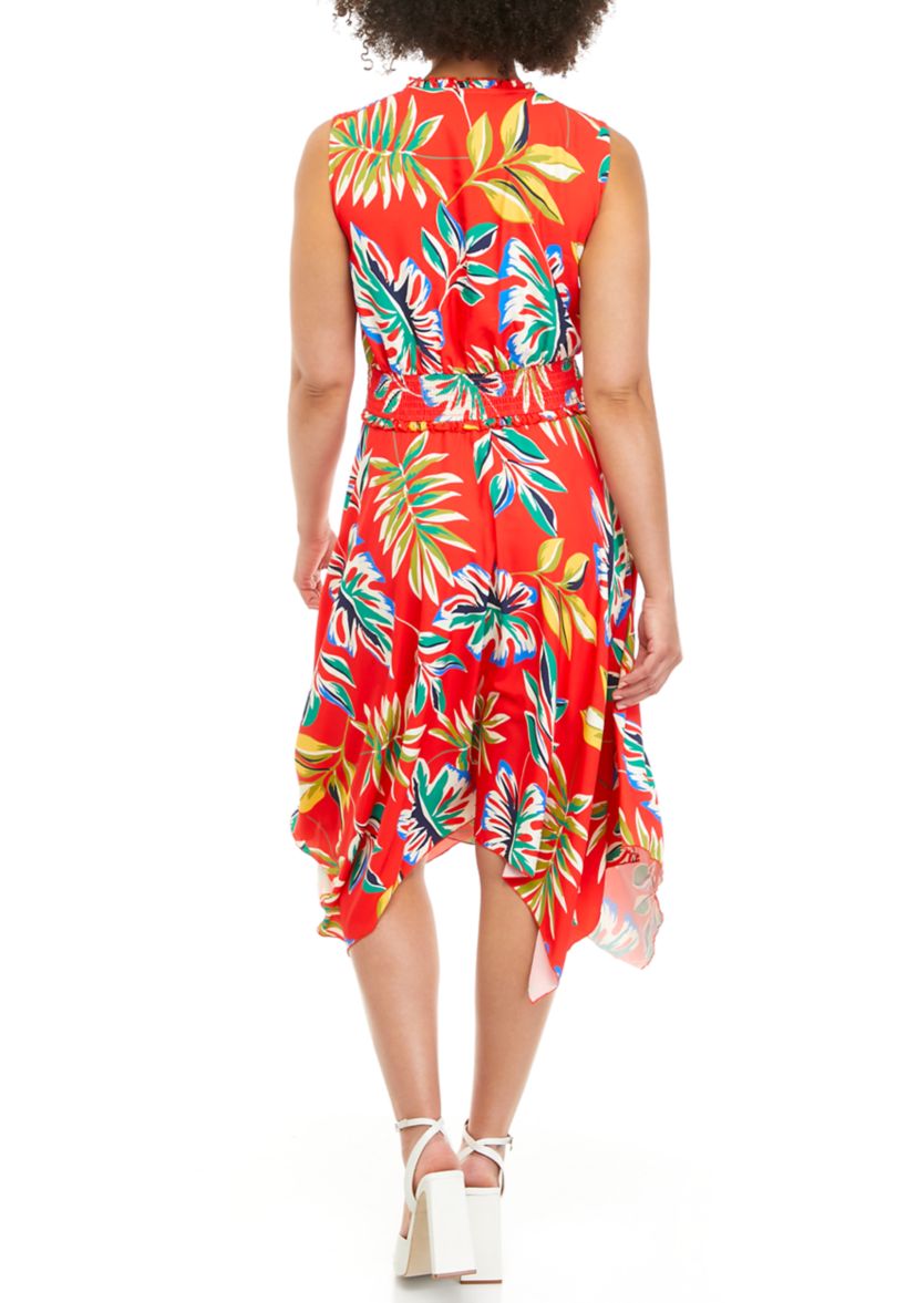 Womens Jungle Palm Print Handkerchief Hem Midi Dress