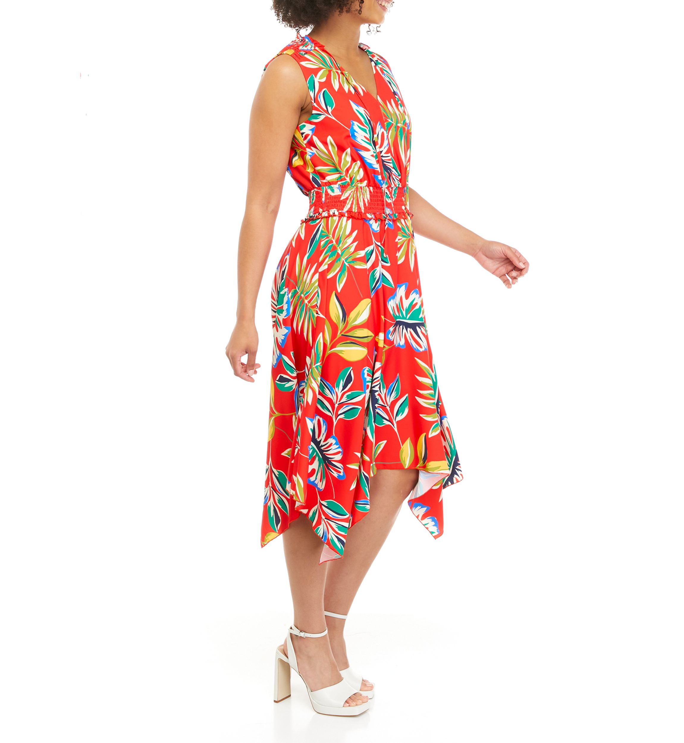 Womens Jungle Palm Print Handkerchief Hem Midi Dress