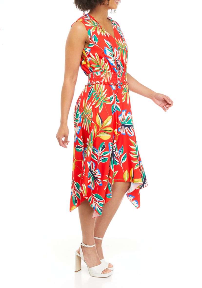 Womens Jungle Palm Print Handkerchief Hem Midi Dress