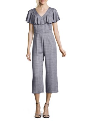 Nicole Miller STUDIO Ruffle Sleeve Glen Plaid V-Neck Jumpsuit | belk