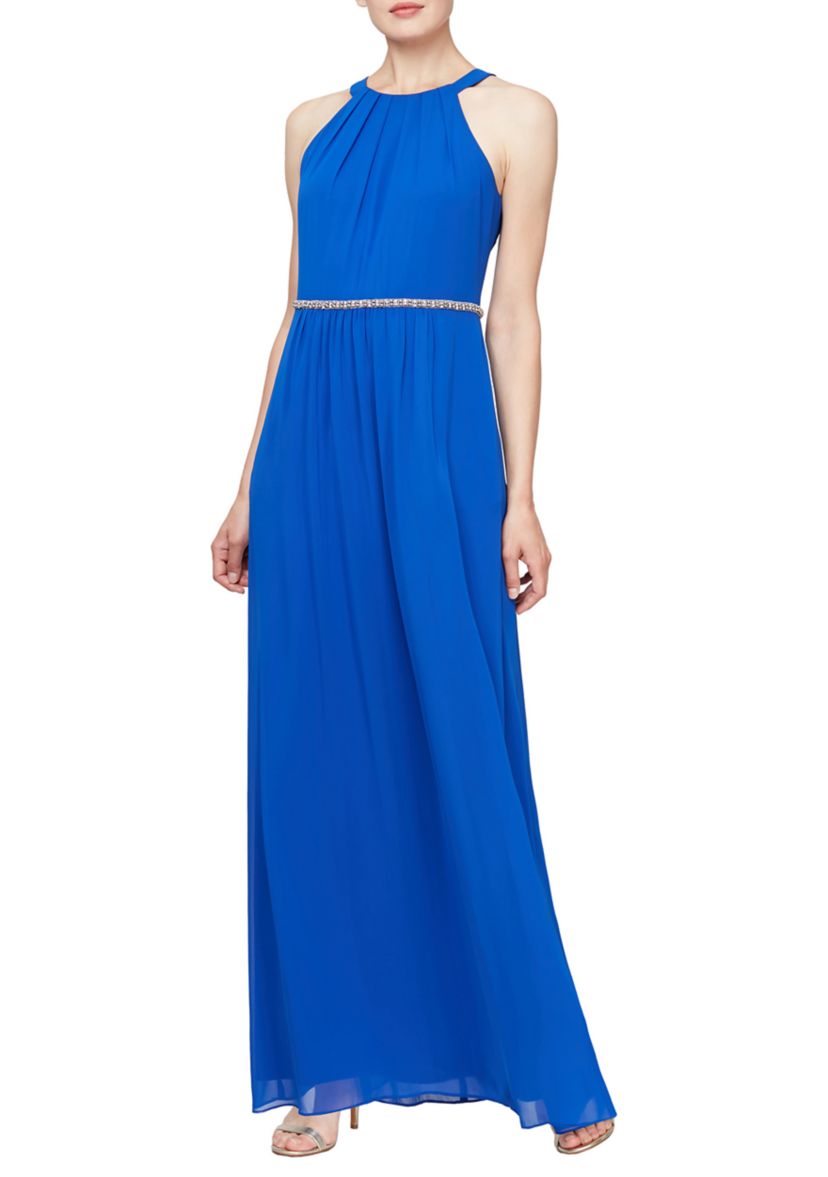 Womens Tuck Waist Chiffon Halter Maxi Dress 