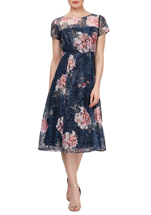 SLNY Women's Cap Sleeve Floral Printed Sequin Lace Tea Length Dress | belk