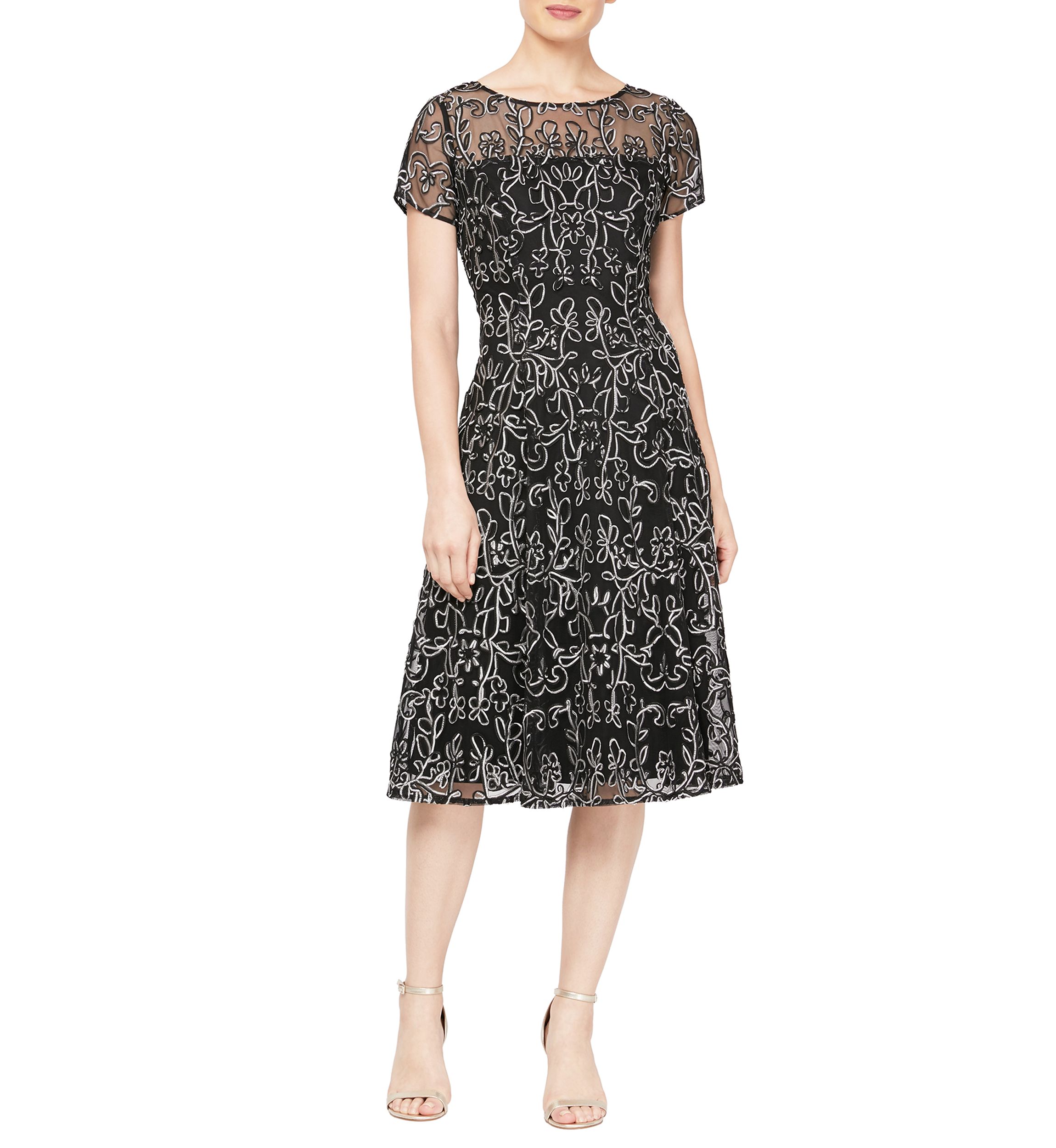 Womens Embroidered Soutache Dress with Sheer Yoke