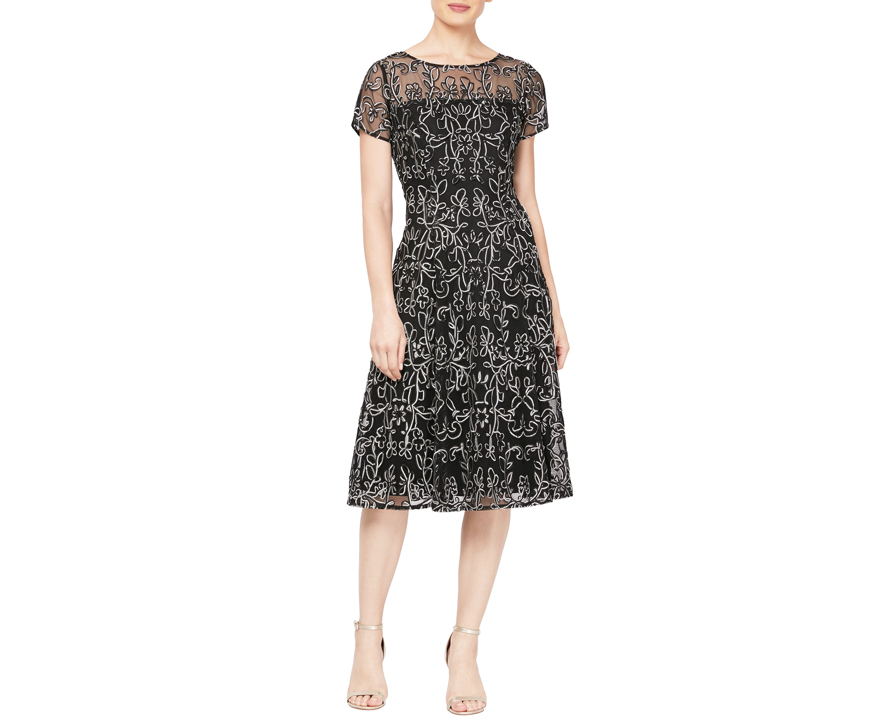 Womens Embroidered Soutache Dress with Sheer Yoke