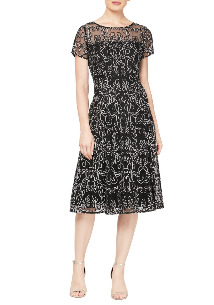 Womens Embroidered Soutache Dress with Sheer Yoke