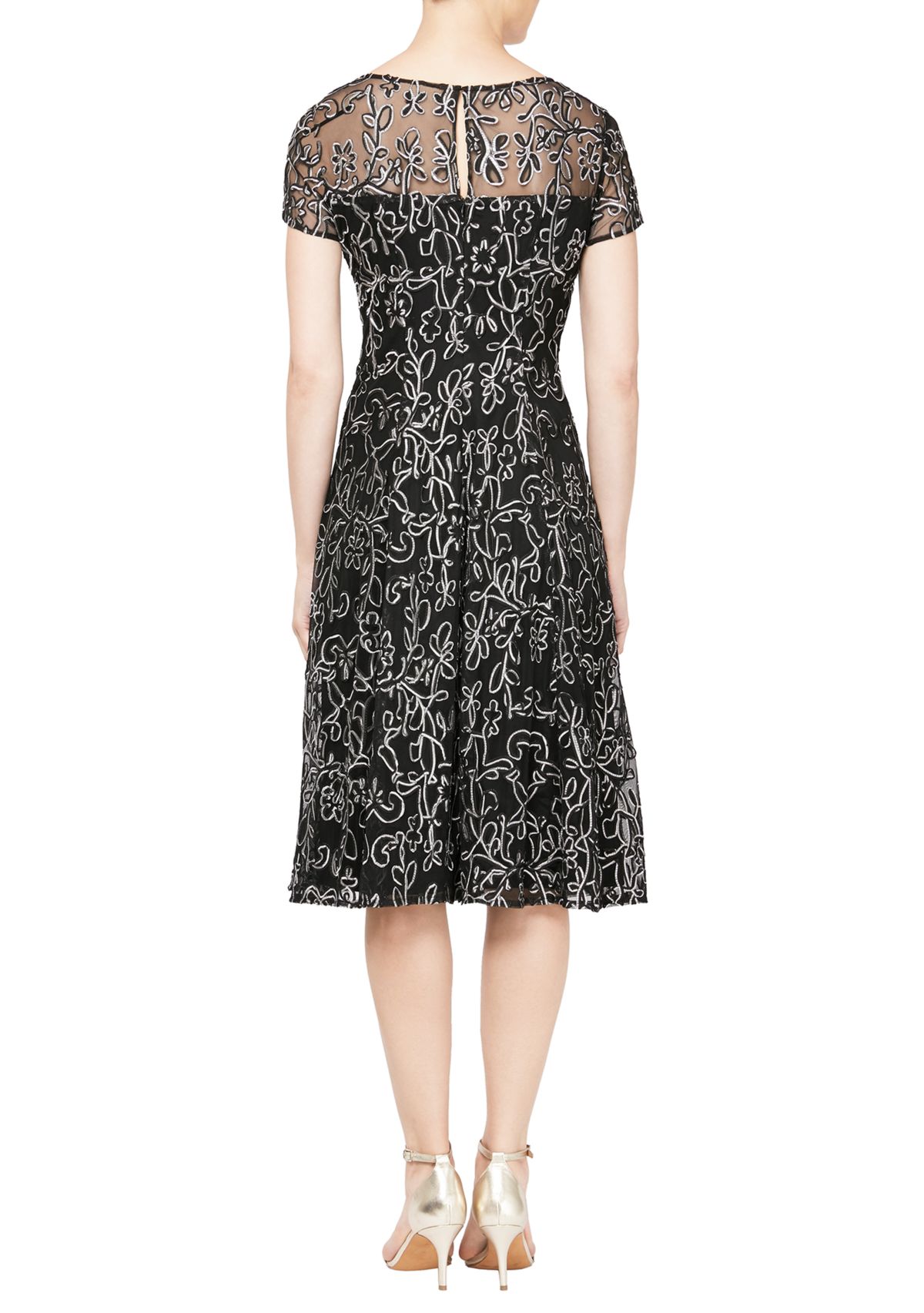 Womens Embroidered Soutache Dress with Sheer Yoke