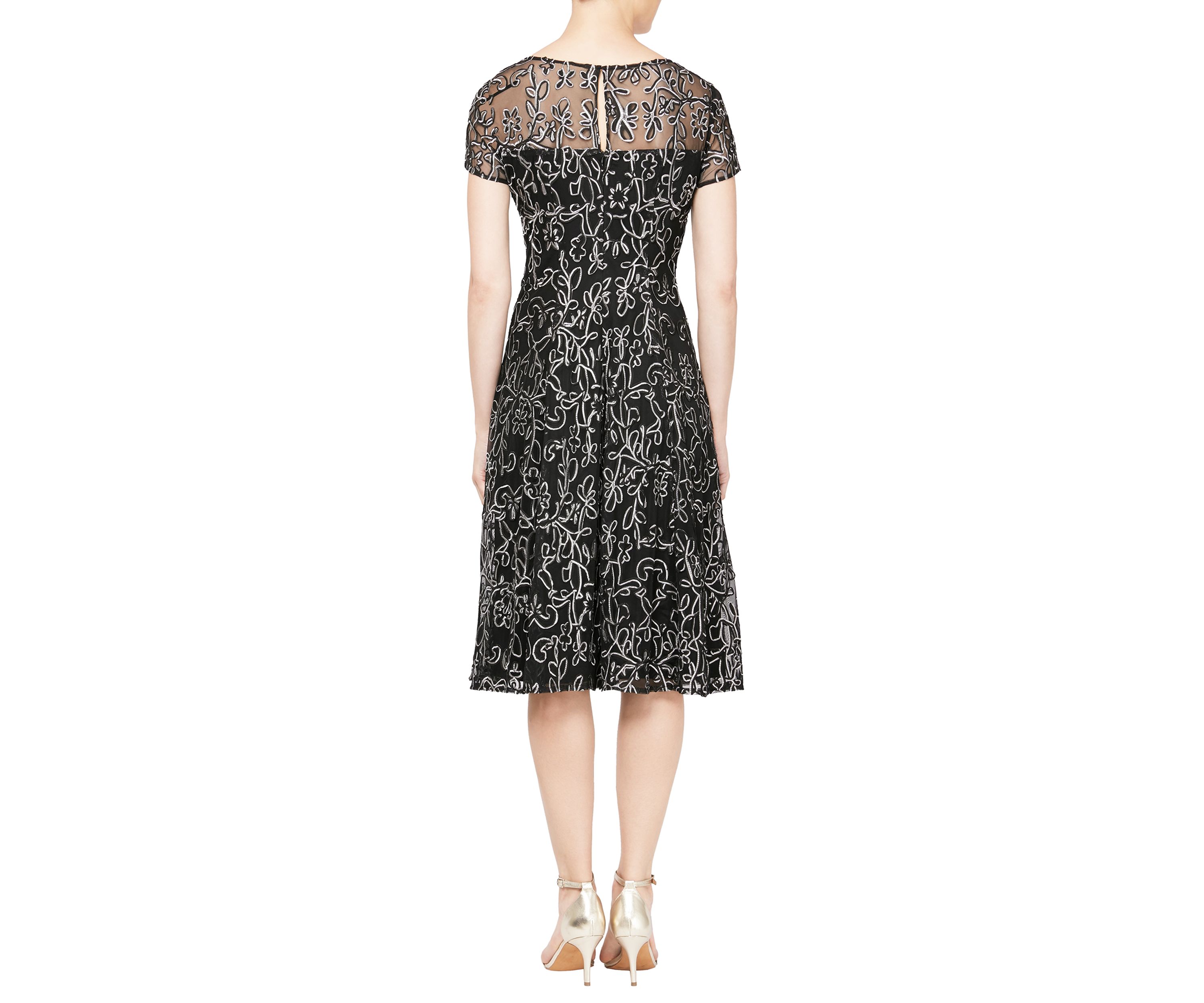 Womens Embroidered Soutache Dress with Sheer Yoke