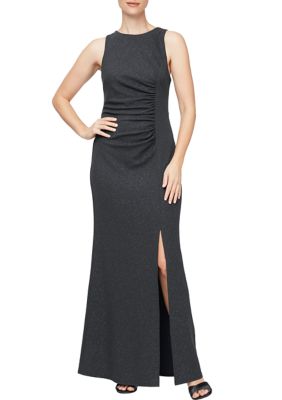 SLNY Women s Sleeveless Side Ruched Glitter Knit Gown belk