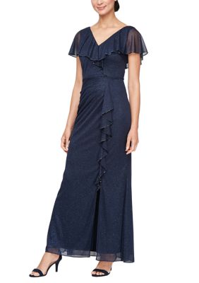 SL Fashions Women's Long Cascade Ruffle Front Dress with Bugle Beads | Belk