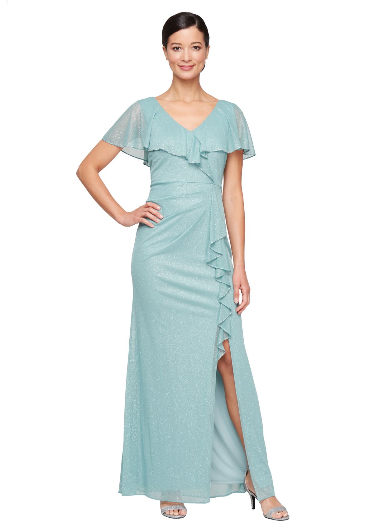 Womens Long Cascade Ruffle Front Dress with Bugle Beads