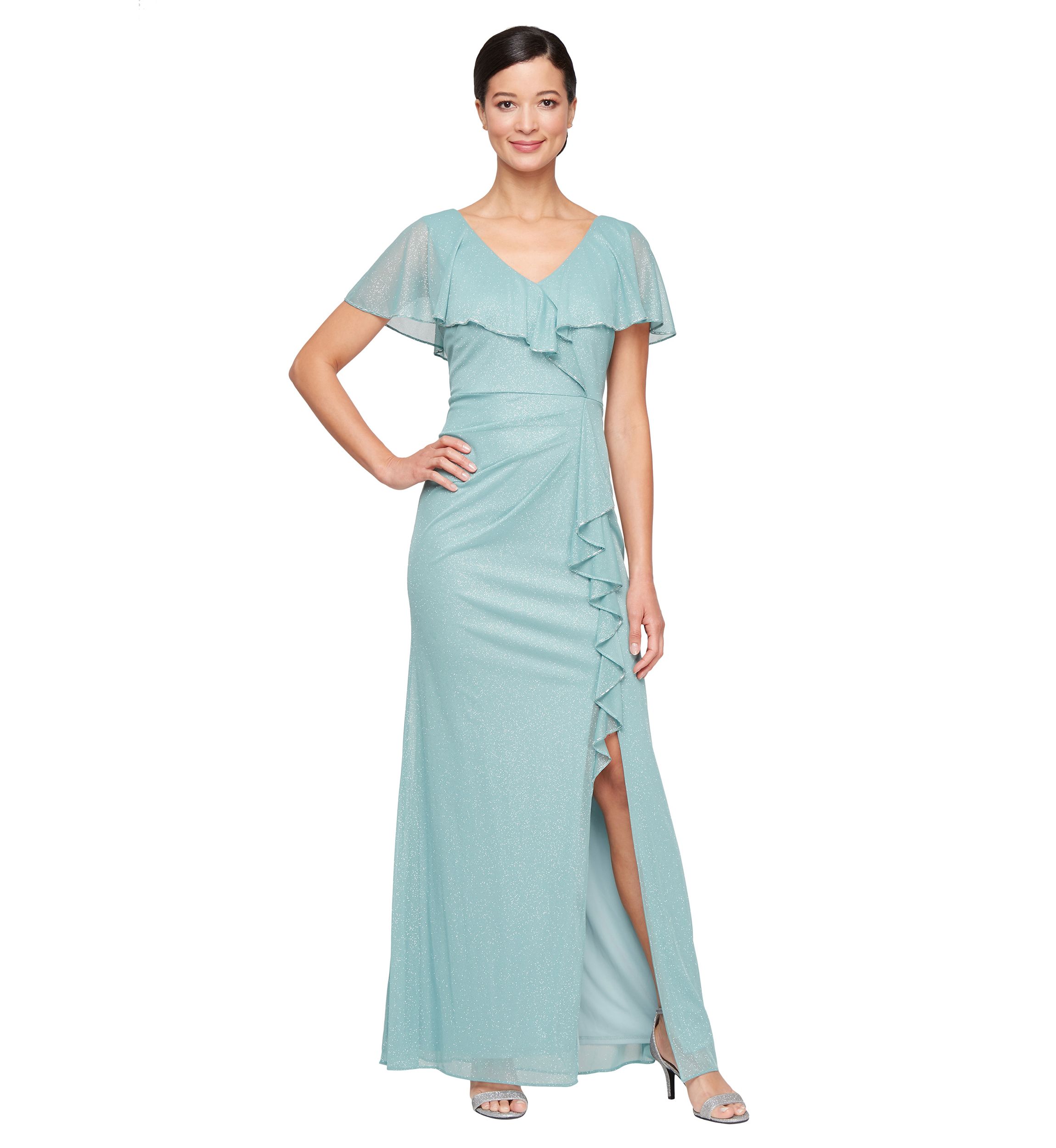 Womens Long Cascade Ruffle Front Dress with Bugle Beads