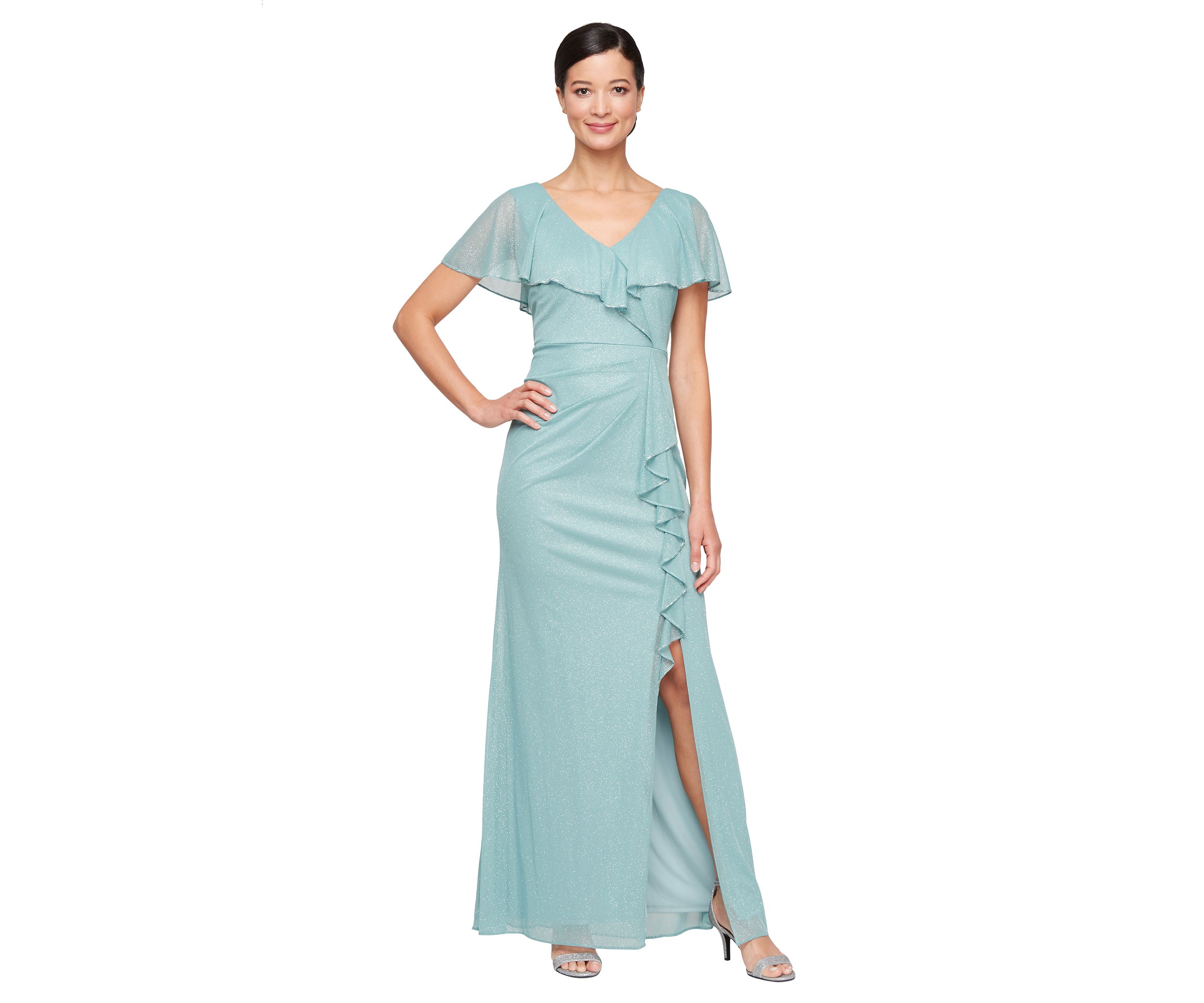 Womens Long Cascade Ruffle Front Dress with Bugle Beads